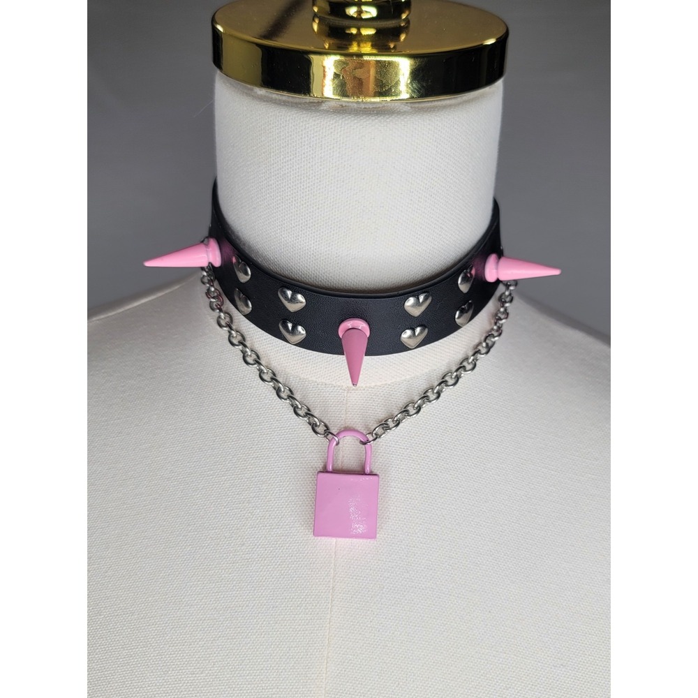 3 Pc Goth Punk Choker Bundle Butterfly O Ring Spike Padlock Alt Necklace Set - Picture 2 of 10